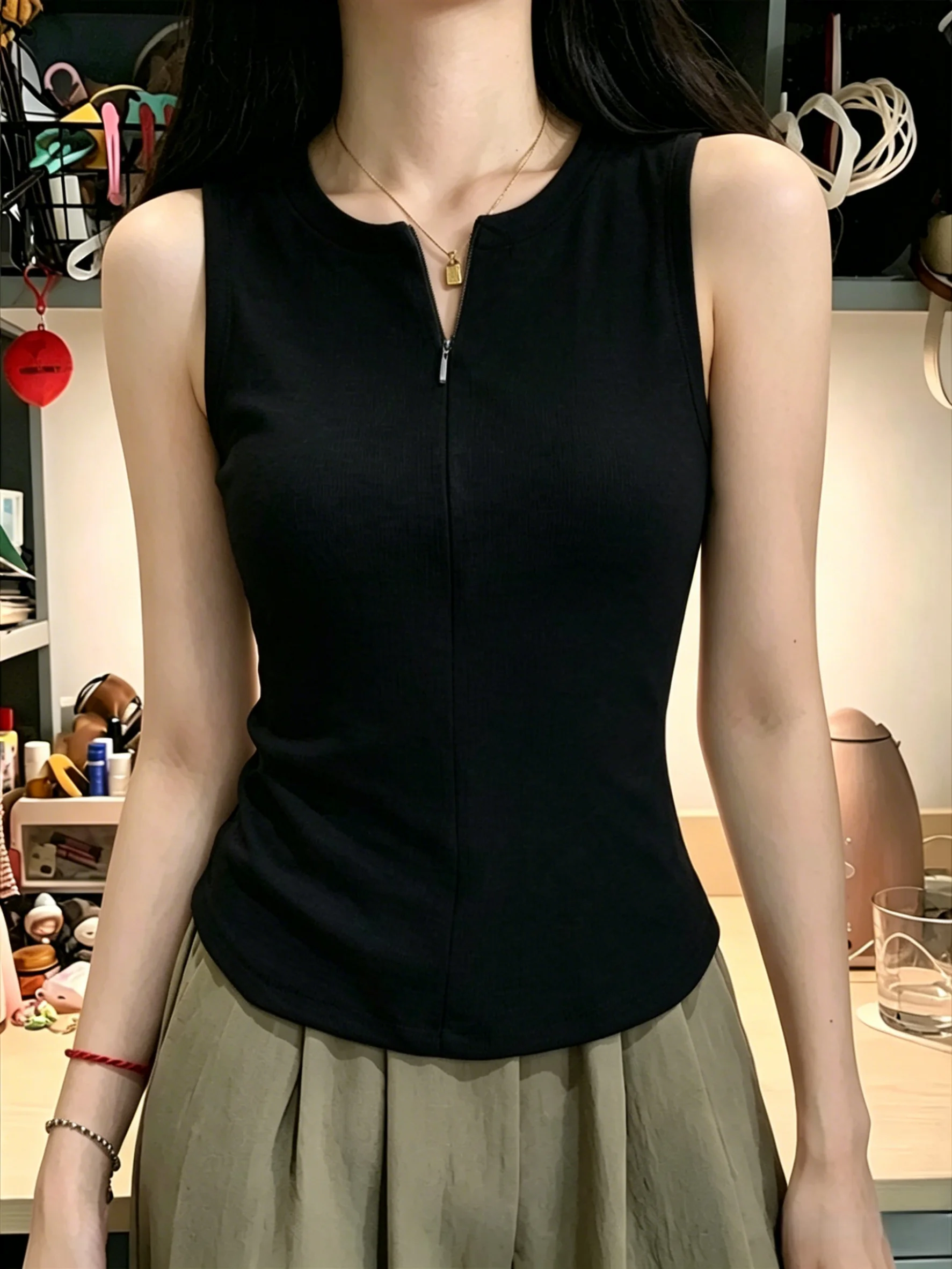 Summer Sleeveless Women's Vest Halter Neck 95% Cotton Half Zipper Waist Cinching Outerwear Slimming Top Large Size