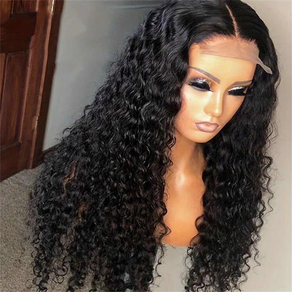 Long Natural Black Glueless Soft 26Inch Kinky Curly Lace Front Wig For Women With Baby Hair Synthetic Preplucked Daily