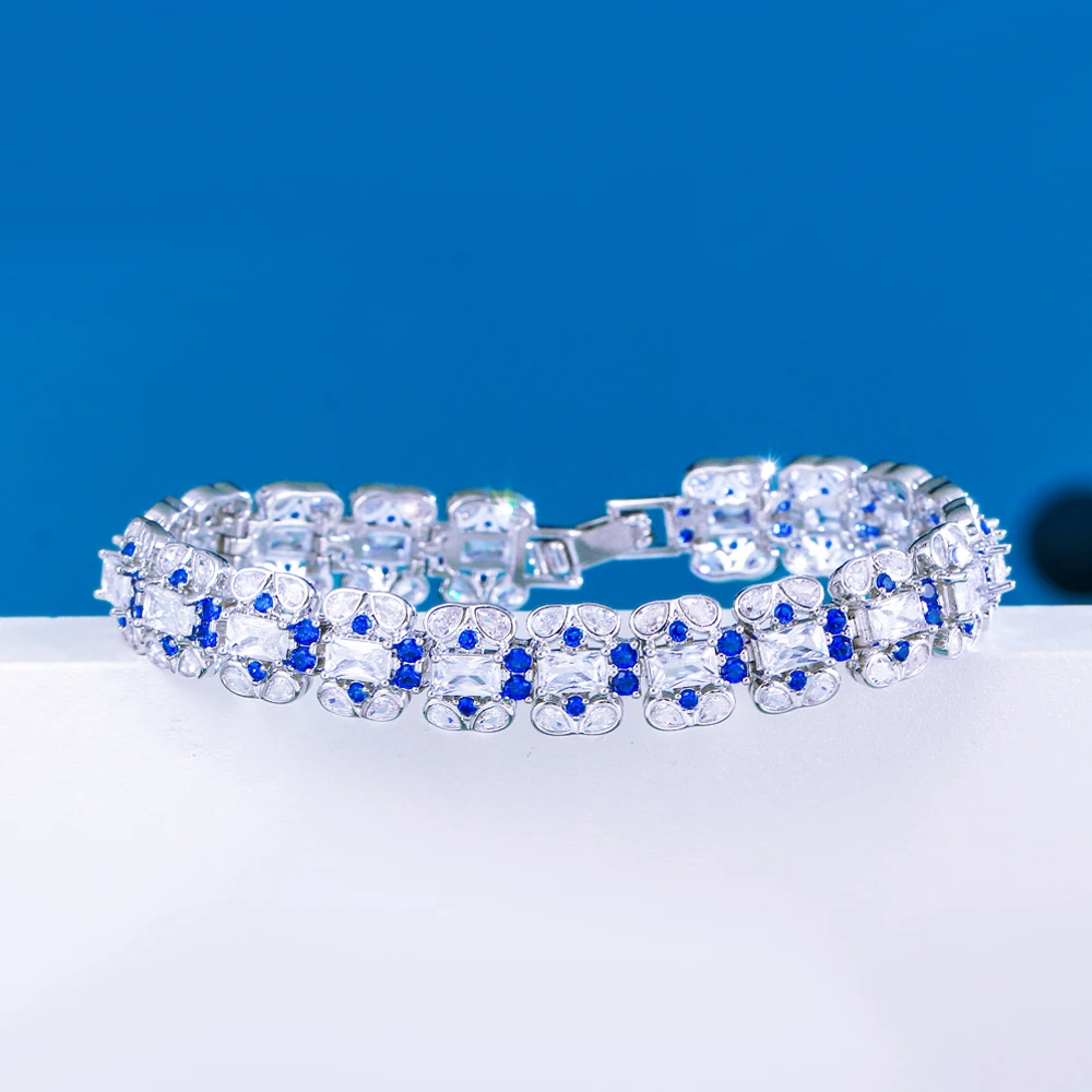 Pera Trendy Blue and White Cubic Zirconia Silver Color Tennis Chain Bracelets Dress Jewelry Accessories Gift for Women B263