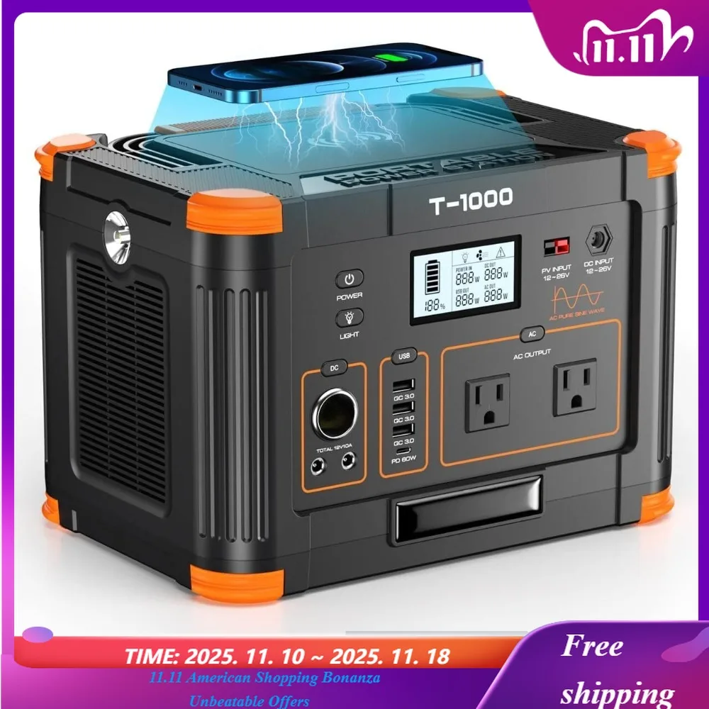

Портативная электростанция 1000 Вт (пиковая 2000 Вт), солнечный генератор 999 Втч с выходом USB-C PD 60 Вт, розетка переменного тока с чистой синусоидальной волной 110 В