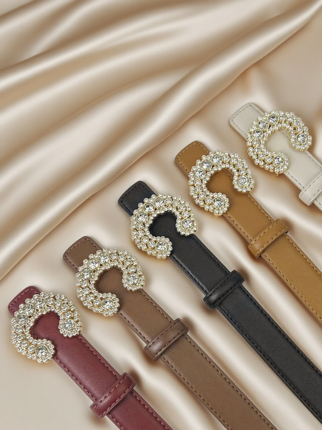 حزام بنمط جديد بإبزيم على شكل حرف C، حجر الراين، شعور راقي، حزام نسائي، حزام OL عصري، ألوان متعددة #1