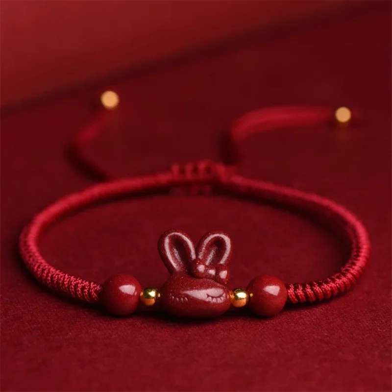 

Customized Red Cinnabar Rabbit Bracelet Jewellery Carved Fashion Chinese Natural Charm Amulet Hand Knotting Diy Woman Gifts Red