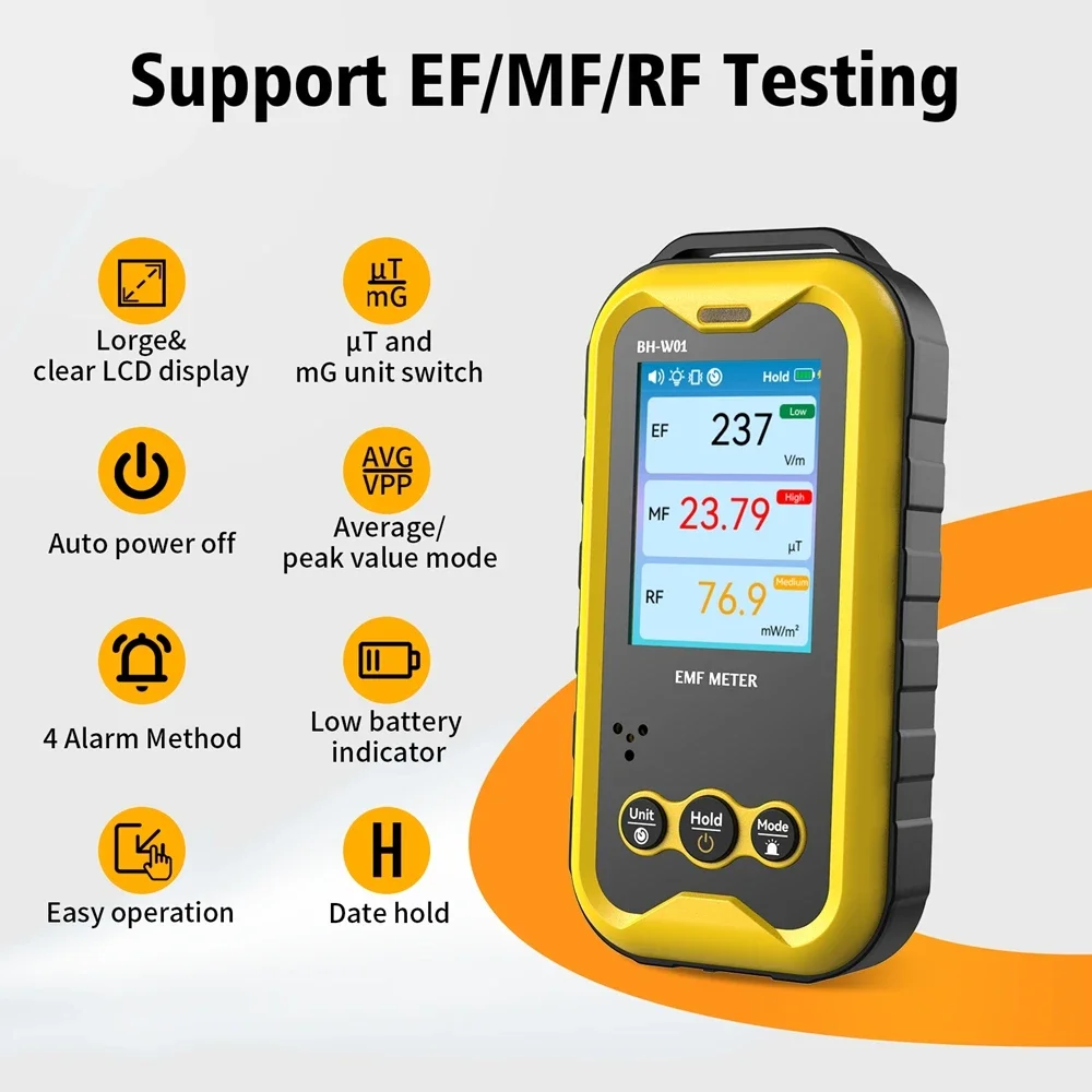 3in1 EMF Meter Electric Field Magnetic Field RF Radiation Detector Real Time Curve Chart Electromagnetic Radiation Tester Alarm