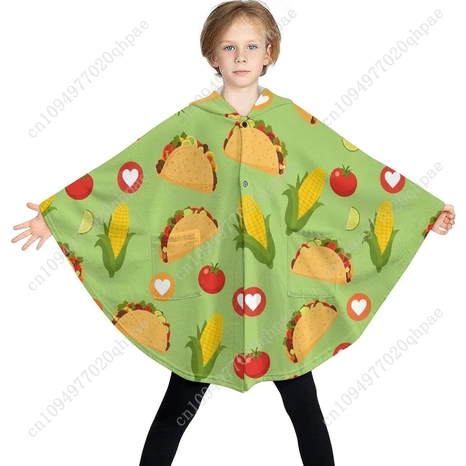Comodo maglione coperta in flanella, felpa con cappuccio oversize con cuori modello taco con tasche per bambini e adolescenti