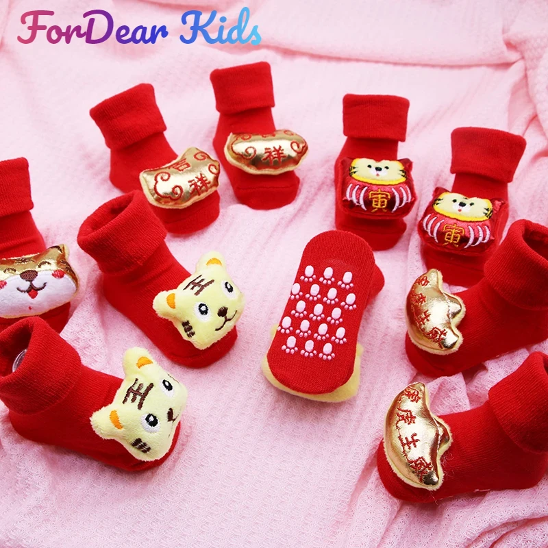 2023 New Year Red Toddler Socks 3D Tiger Non-slip Socks Baby Boys Sock Shoes Warm Terry Thicken Slippers Infants Girl Winter