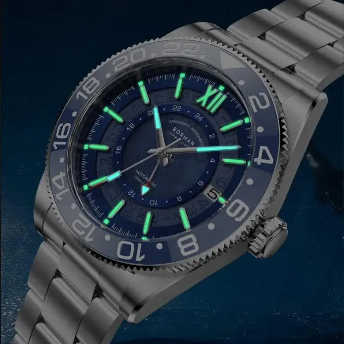 BORMAN Men Automatic Watch 40mm GMT Mechanical Wristwatch C3 Luminous 50M Waterproof Sapphire NH34 Ceramic Bezel