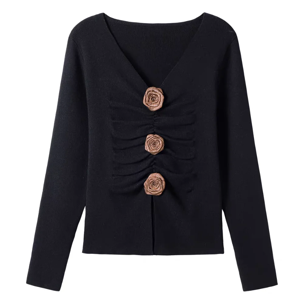 

Pleated Long Sleeved Knitwear Slim Fit Pullover 3D Rose Flower Top Autumn Spring Winter Bottoming Shirt Knitted Top for Women