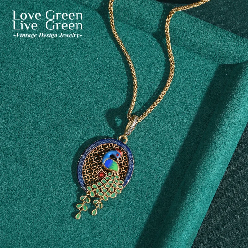 

Vintage Green Peacock Pendant Necklace Woman Gold Color Chain Wedding Elegant Luxury Quality Gift Daily Formal Designer Fashion