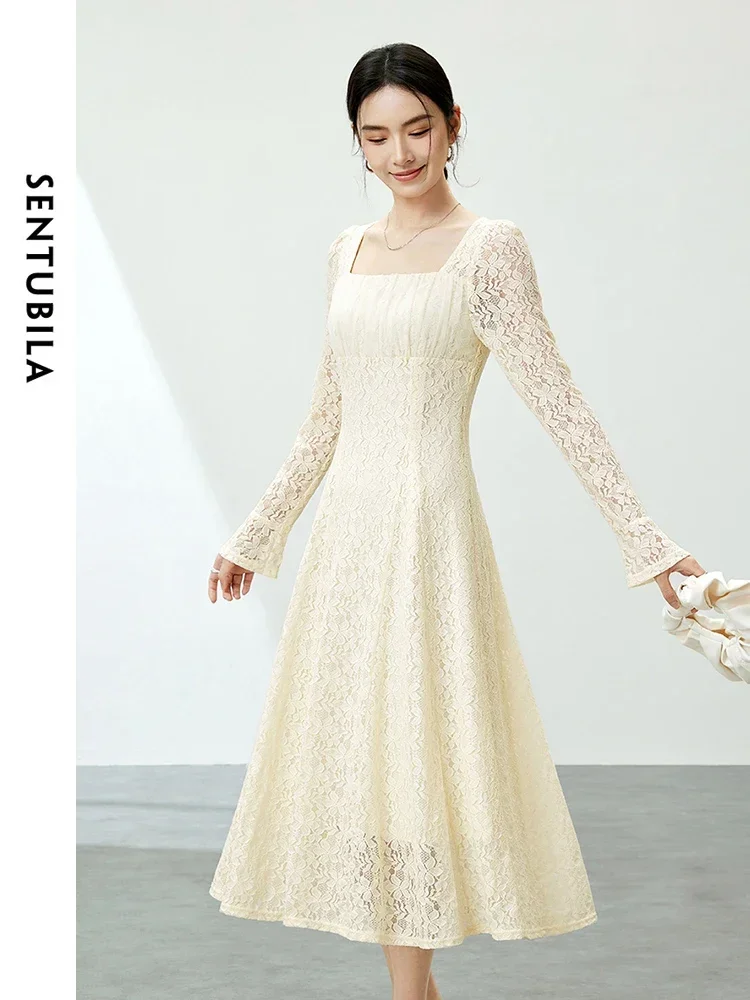 

SENTUBILA French Style Floral Lace Dress Women 2025 Spring Elegant Square Collar Slim Flare Sleeve A-line Midi Dresses 141L53525