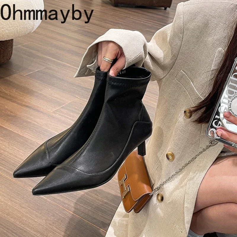 Pointed Toe Women Elastic Short Boots Fashion Slip On Slim Ankle Booties Thin Low Heel Autumn Winter Ladies Shoes