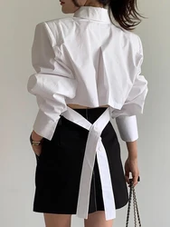 Zoki Korean Cropped White Shirts Women Back Lace Up Design Blouse Vintage Casual Long Sleeve Lady Elegant Hollow Out Spring Tops