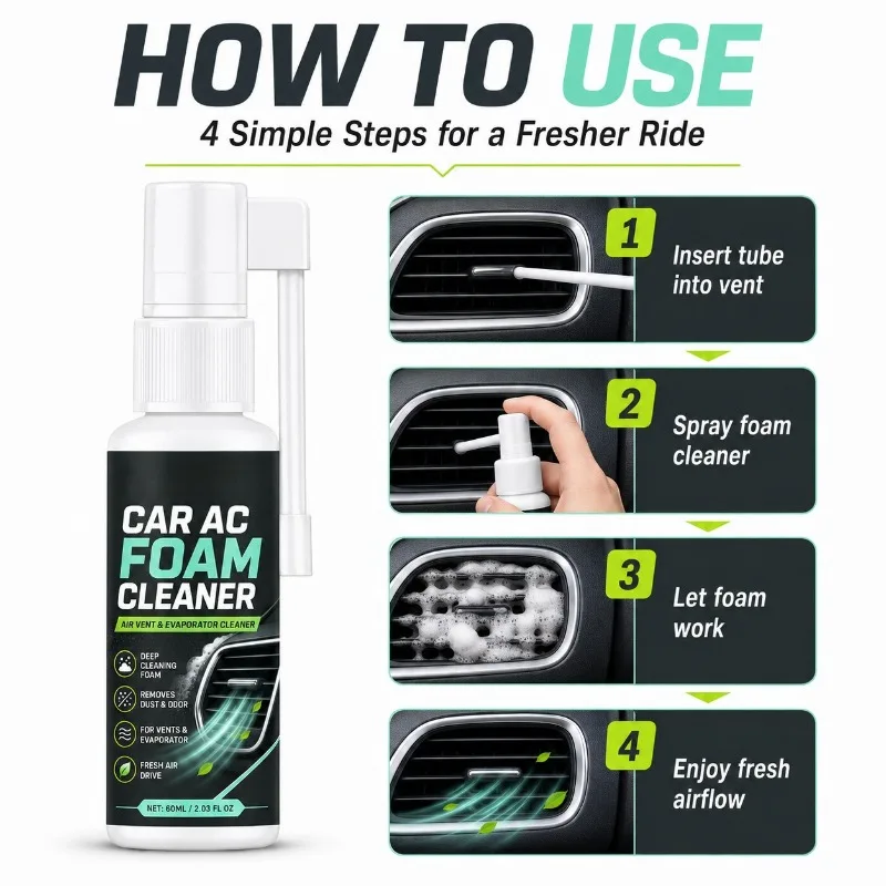 60ML Car AC Cleaner Foam Spray Auto Air Conditioner Deodorizer Interior Odor Remover Vent Dust Cleaning Spray Vent Pipe Care