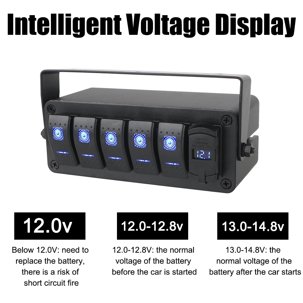 Digital Voltmeter DC 12V/24V Auto Accessories Car Marine Circuit Breaker 2/3/4/5 Gang PD+QC Fast Charging Switch Panel