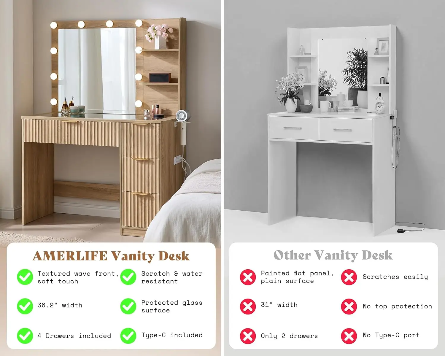 Natural Oak Fluted Vanity Desk with Glass Top for Bedroom or Dorm, Adjustable LED Lights & Charging Station view 5