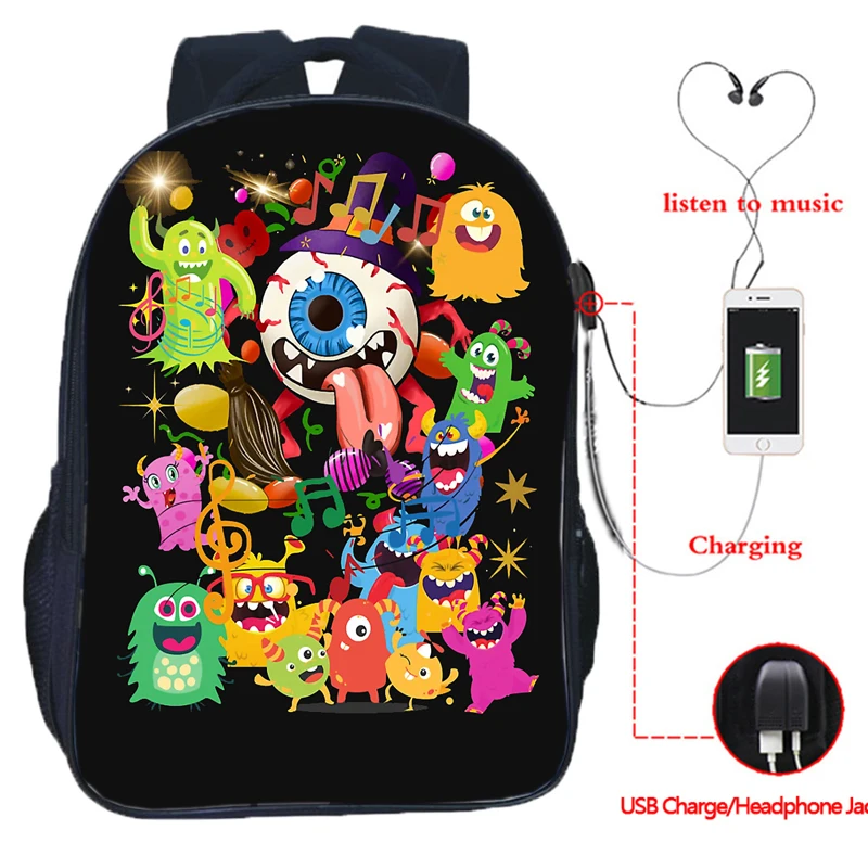 Mochila My Singing Monster para niñas y niños, Mochila de juego de 16 pulgadas, adolescentes, estudiantes, escuela, carga USB