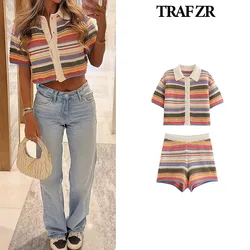 TRAF ZR Krótki Zestaw Damski Dwuczęściowy Elegancki Krótki Rękaw Zestaw Damski Letni Garnitur Zestaw Prairie Chic Striped Patchwork Sets