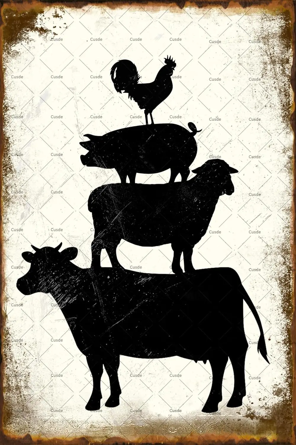 Vintage Rustic Farm Animals Metal Tin Sign Funny Stacked Cow Sheep Pig Chicken Poster Gifts For Animal Lovers Farmhouse Home Rus