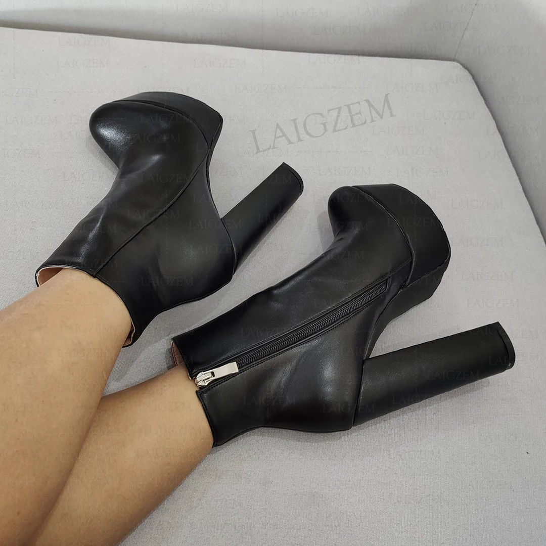 LAIGZEM Women Ankle Boots Platform Side Zip Thick High Heels Short Booties Black Party Ladies Shoes Woman Big Size 41 44 47 52