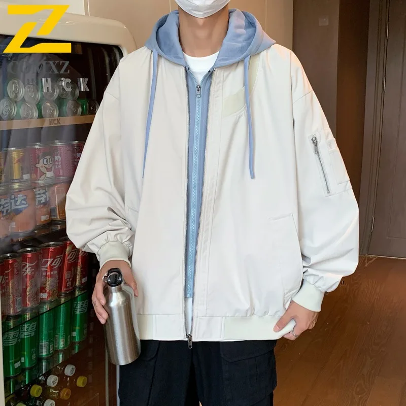 

COMXZ 2024 Mens Two Layer Jacket Spring Autumn American Style Hooded Windproof Coat Casual Trendy Lightweight Outerwear