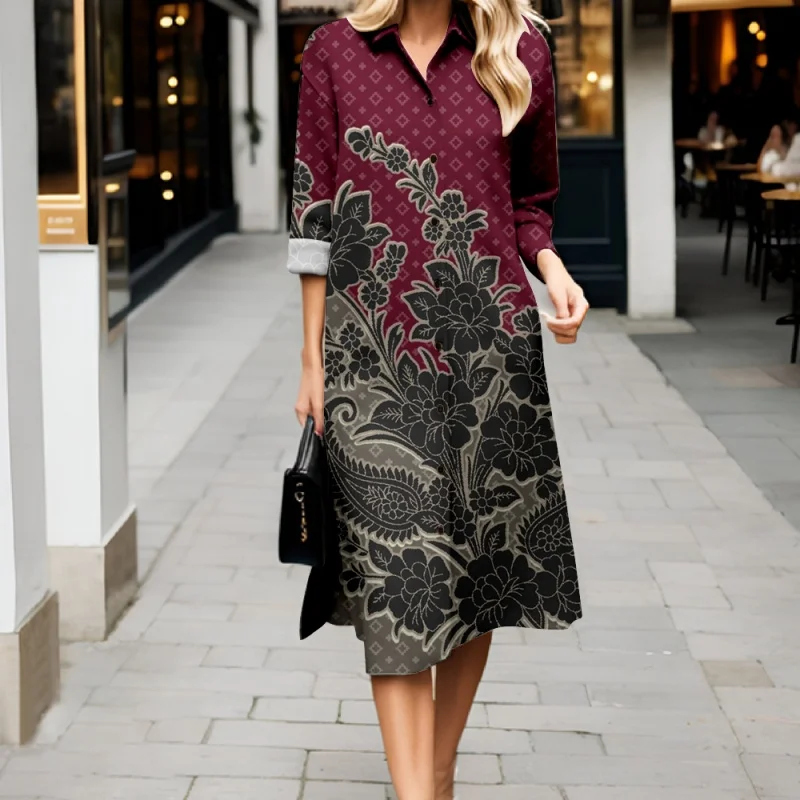 2025 Primavera e autunno Nuovo abito camicia con risvolto con stampa floreale Moda Street Style Gonna lunga da donna Manica lunga Design con bottoni