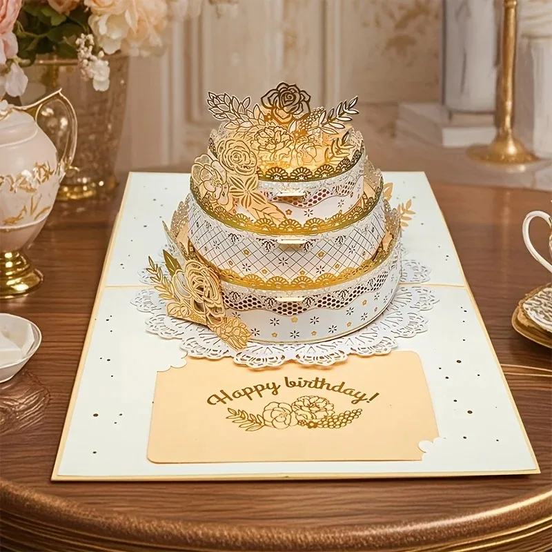 

3D Pop-Up Birthday Card with Golden Floral Design Three Layer Gilded Birthday Cake Greeting Card Birthday Party Desktop Decor