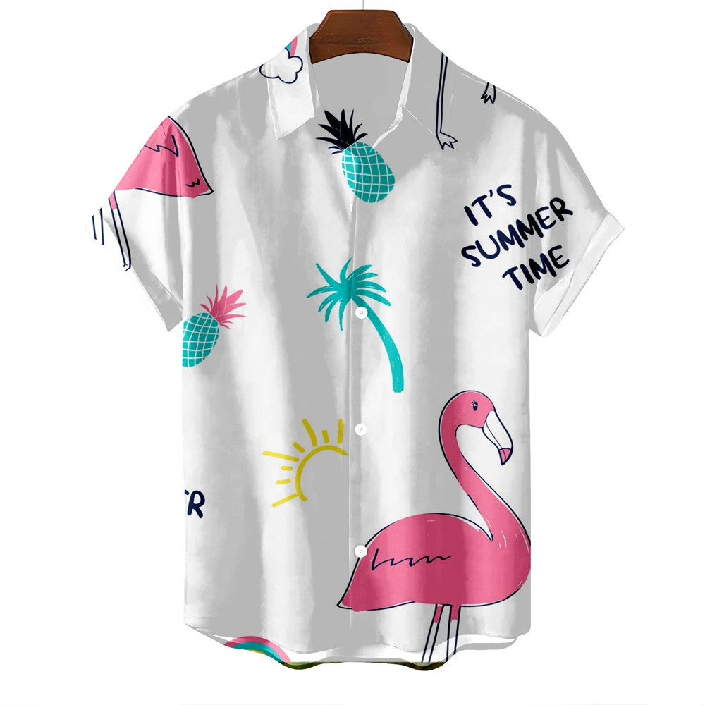 2023 Men's Hawaiian Flamingo Printed Shirt  Collar Fleece Lined Thickened Special Wide Fit Autumn Season Men's Shirt