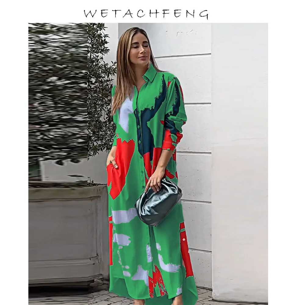 Hemden Kleid Frauen Herbst Langarm Druck Knopf Tasche Maxi Party lose lässige Blusen Kleid Kleidung 2024 Urlaub Boho Roben