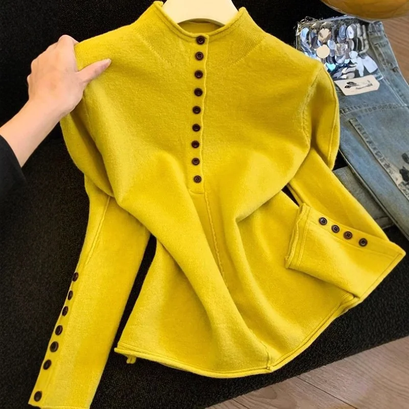 Camicetta da donna in maglia con collo a lupetto grigio scuro, decorazione con bottoni, ampia, manica lunga, morbida, comoda, casual, da indossare ogni giorno