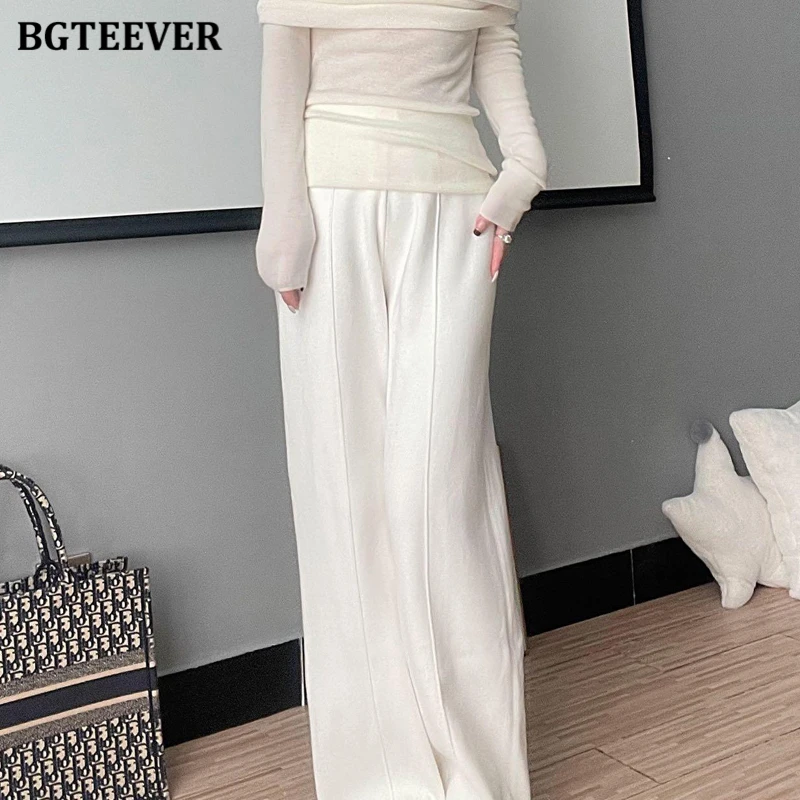 BGTEEVER Stylish High Waist Lace-up Women Knitted Wide Leg Trousers Autumn Winter Casual Loose Female Drawstring Sweater Pants