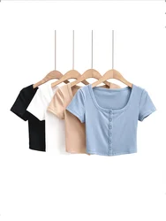 Slim fit short sleeved women's round neck shirt with ribbed buttons