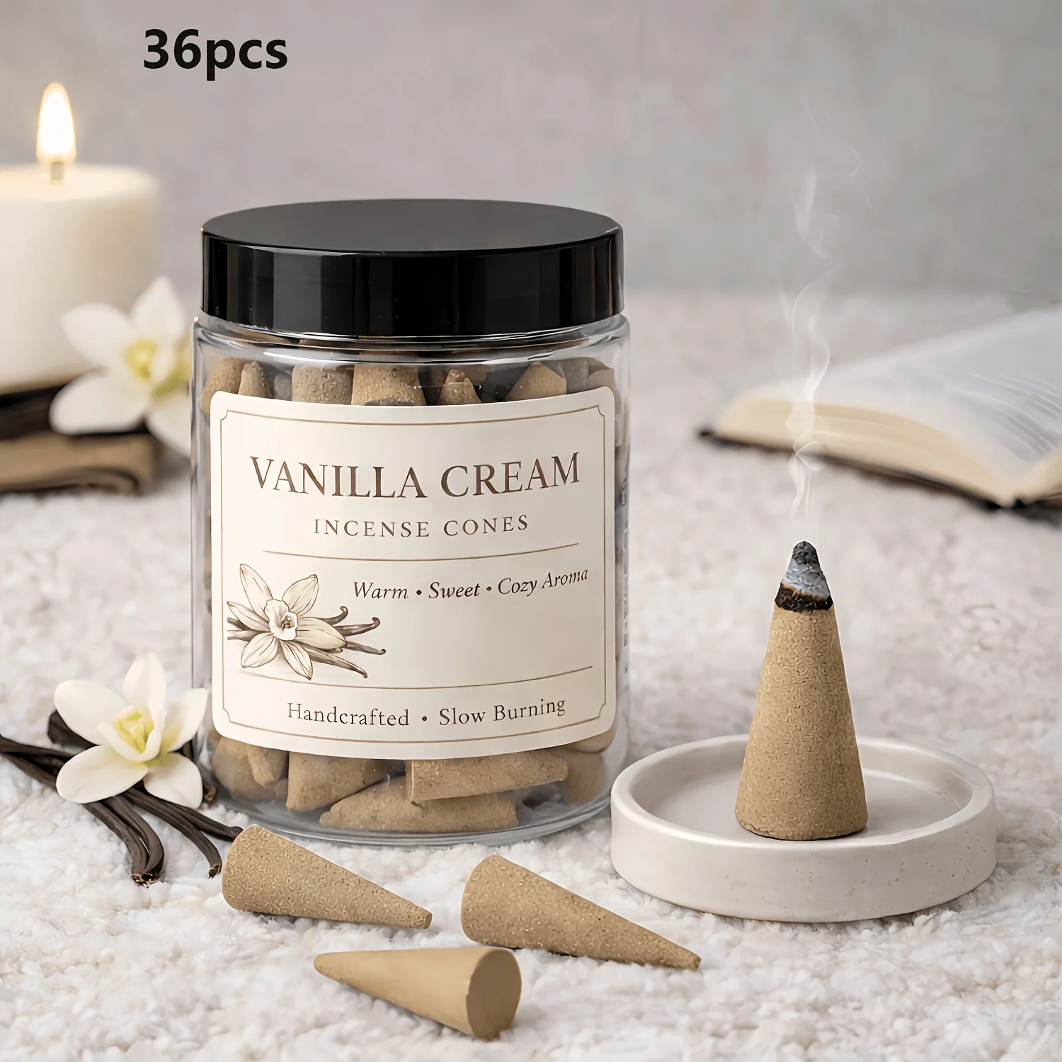 Handcrafted Vanilla Butter Incense Cones, Slow-Burning, Perfect for Meditation, Yoga, Bedrooms, Offices, and Other Spaces.