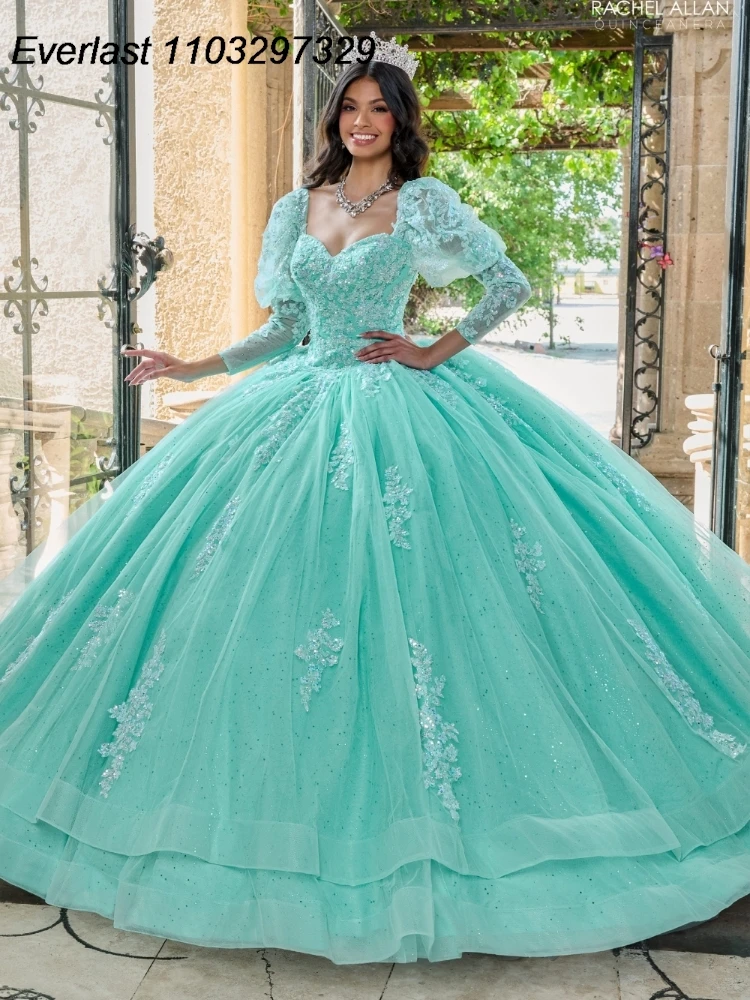 EVLAST Mint Quinceanera Dress Ball Gown Lace Applique Beading Crystal Puffy Sleeve Tiered Sweet 16 Vestido De 15 Anos TQD442