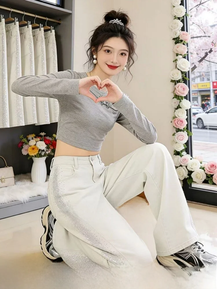 

Flash Diamond Wide Leg Jeans Women's Korean Style Super Popular High Waist Straight Leg Pants Commute Style Pure Color