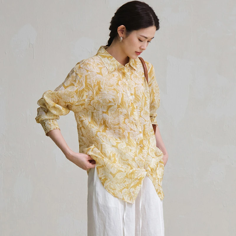 100% leinen Frauen Langarm-shirt Neue Ankunft 2025 Frühling Vintage Stil Floral Print Lose Weibliche Casual Tops Shirts M1558