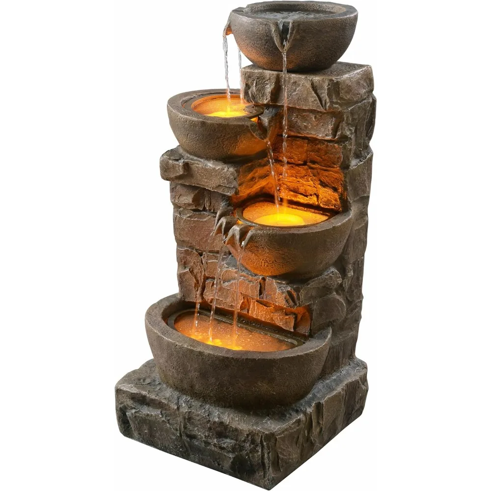 

33.27 in. Cascading Bowls and Stones LED Outdoor Water Fountain, Lawns for a Calming Oasis in Outdoor Living Spaces, Brown