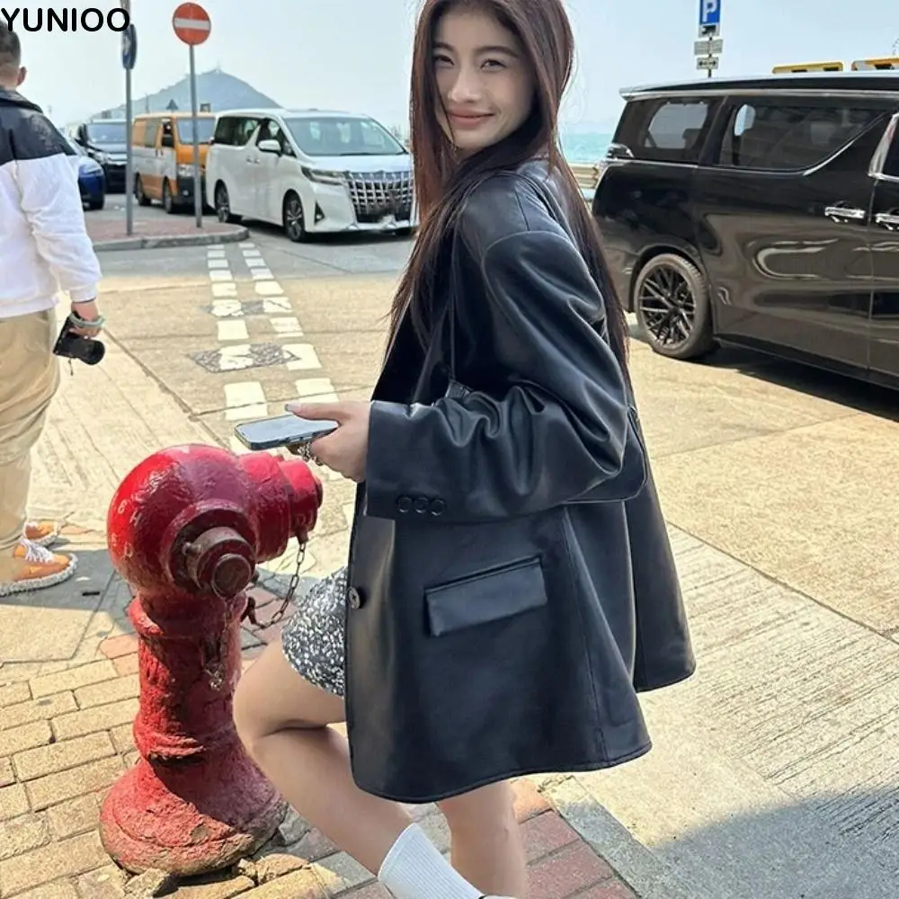 

Fashion Lapel Collar Leather Jacket Women Outerwear Korean Chic Vintage PU Coats Loose Retro Windbreaker Jackets Streetwear