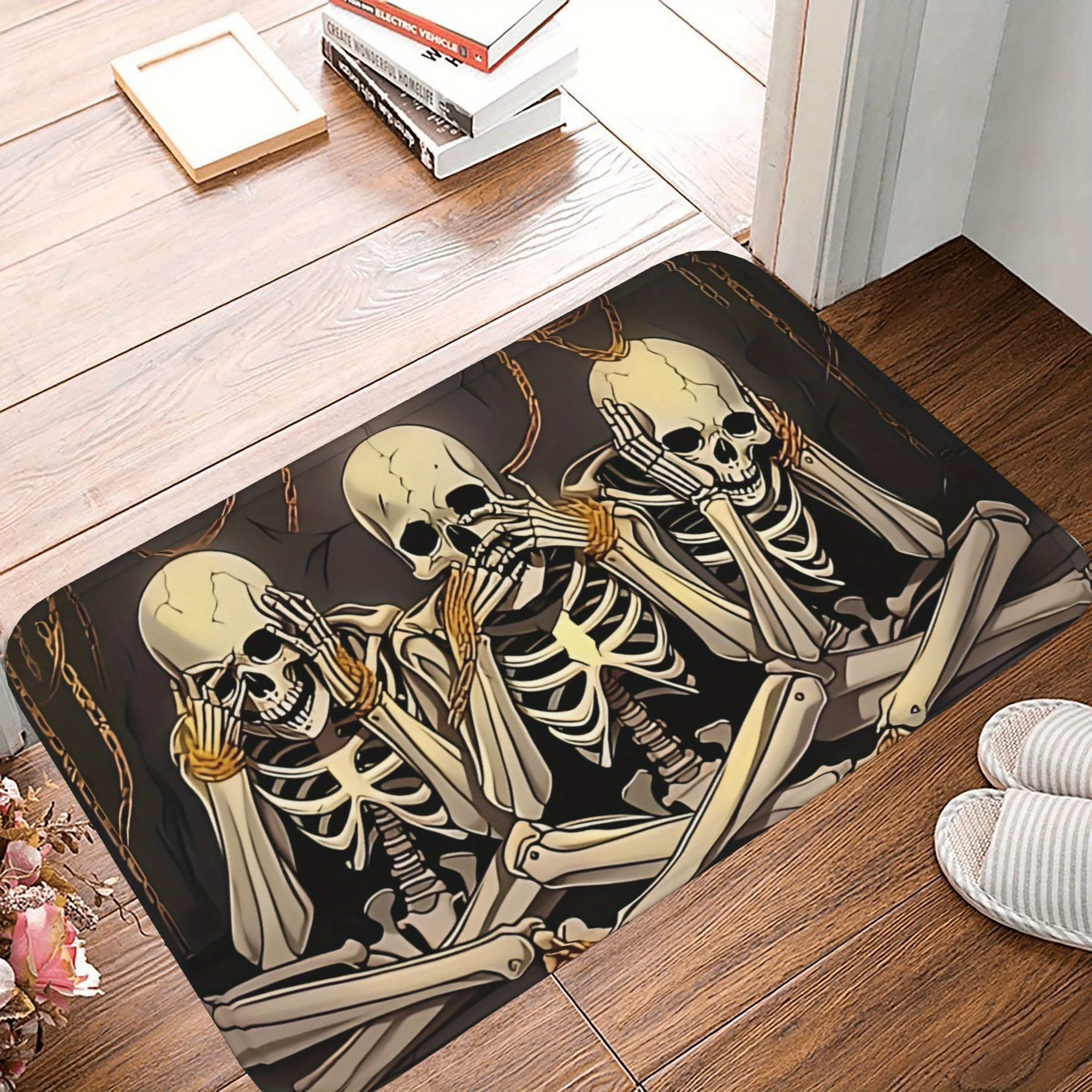 

VIKAMA Dark Bondage Skeleton Carpet Gold Chain Entrance Hall Escape Room Gothic Decorative Floor Mat