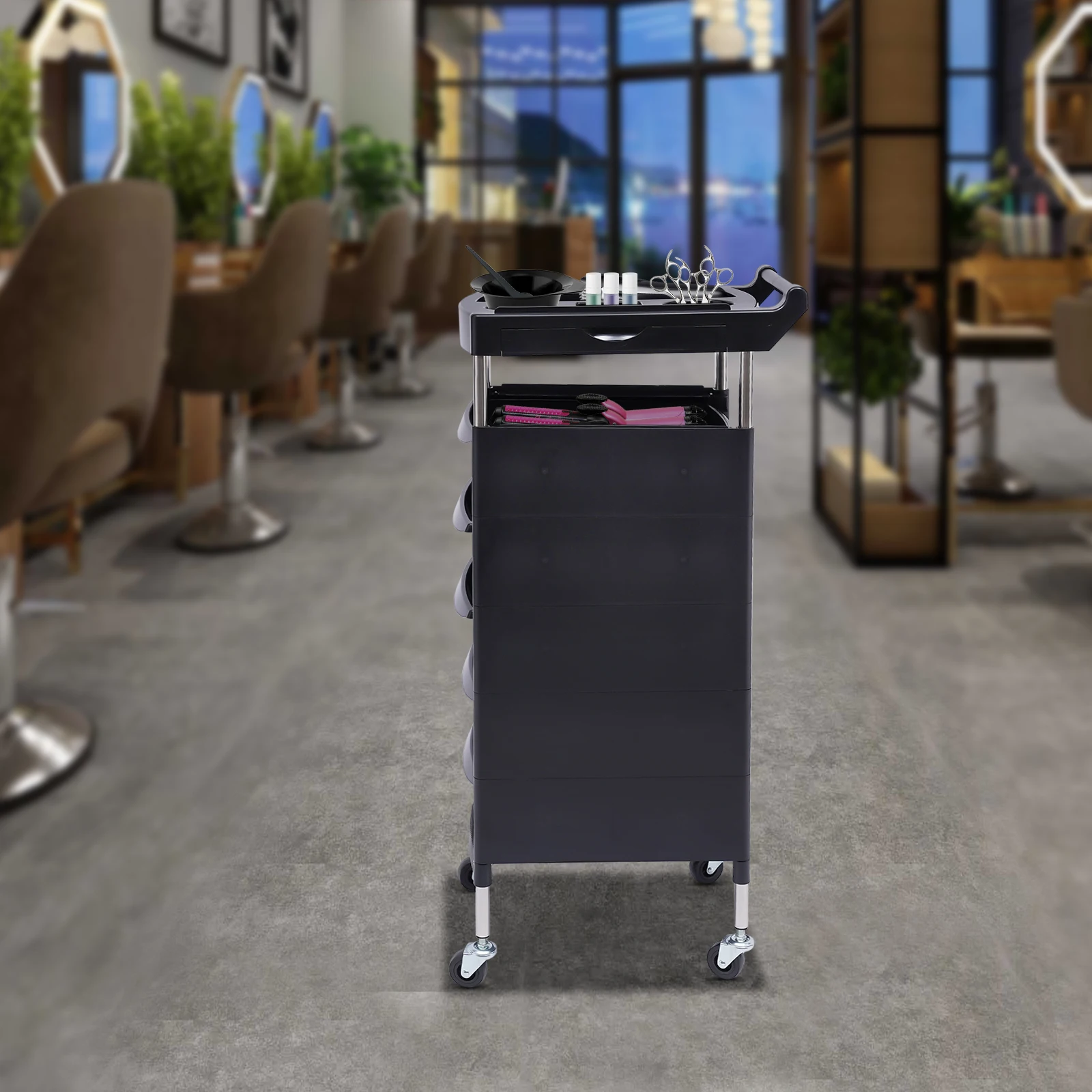 5 أدراج و2 حامل مجفف شعر صينية جانبية مع شريط مضاد للانزلاق و360 ° عجلات قابلة للدوران، منظم عربة الصالونات باللون الأسود أثناء التنقل #2