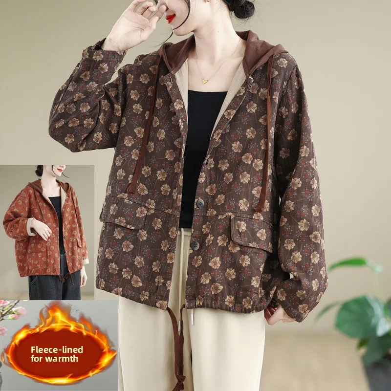 

Хлопковое пальто с капюшоном и цветочным принтом в стиле ретро, женское зимнее повседневное пальто больших размеров на хлопковой подкладке Thiened Sli ort