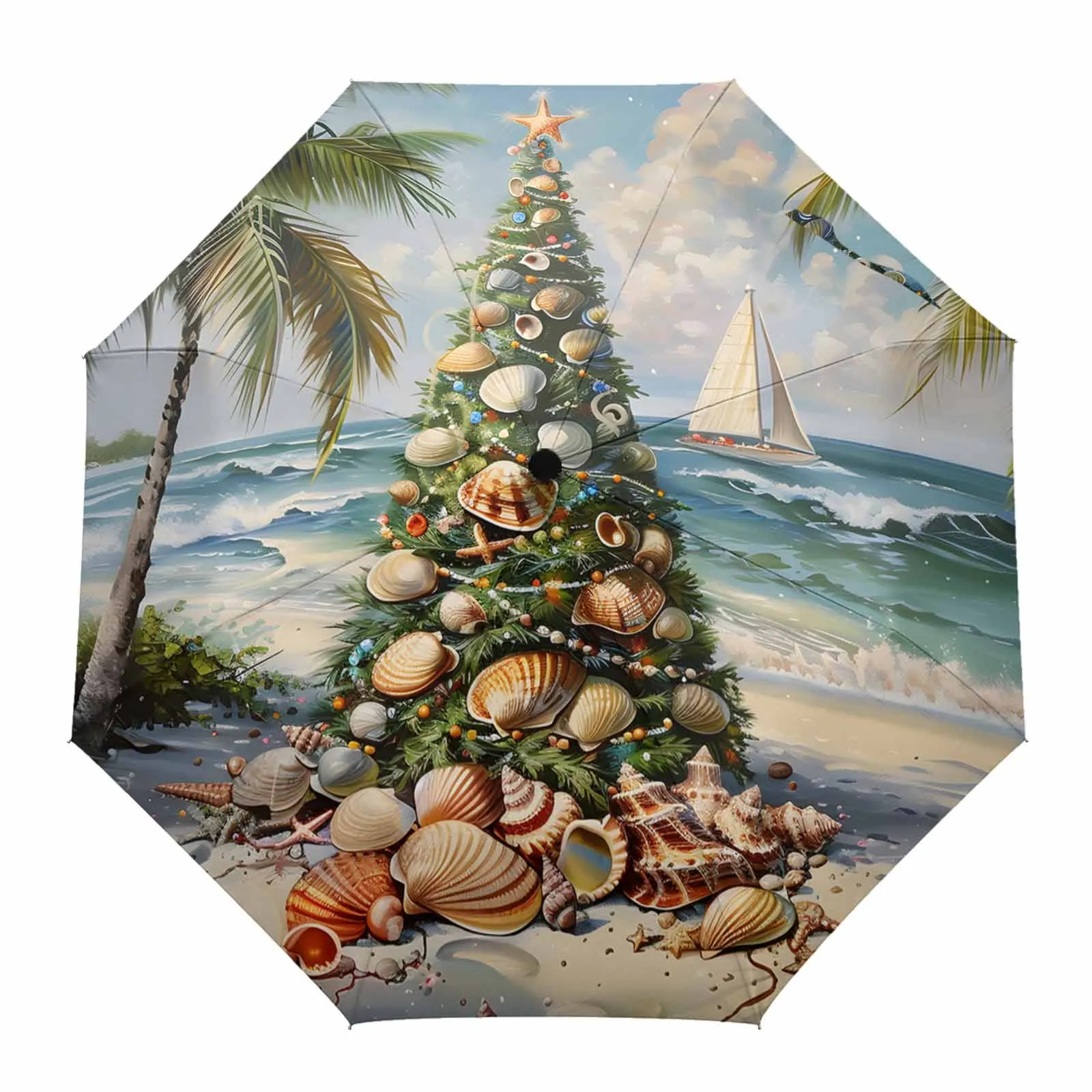 Christmas Beach Tree Shell Sailing Palm Tree Fully-automatic Umbrella for Outdoor Adults Foldable Eight Strand Umbrella