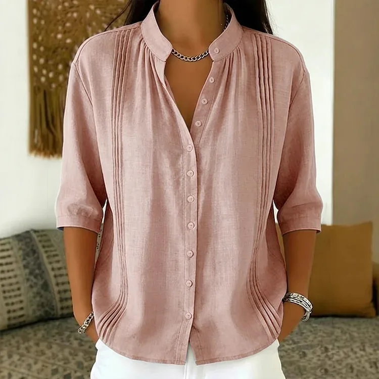T shirt women 2026 fashion stand-up collar pleated single-breasted mid-sleeved loose casual top tshirt women's clothing