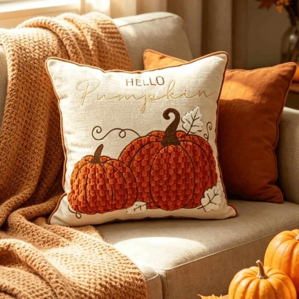 Chenille Throw Pillow Covers Pumpkin Maple Leaves Fall Pillow Covers Orange Beige Zipper Closure Halloween Pillowcase