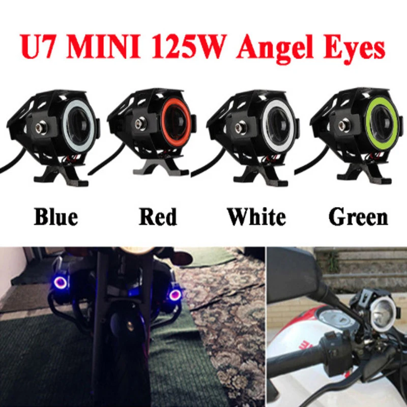 1PC 125W LED Auxiliary Motorcycle Headlight 1200LM Angel Eyes U7 Mini Motorcycle Spotlights Bicycle Lamp Accessories