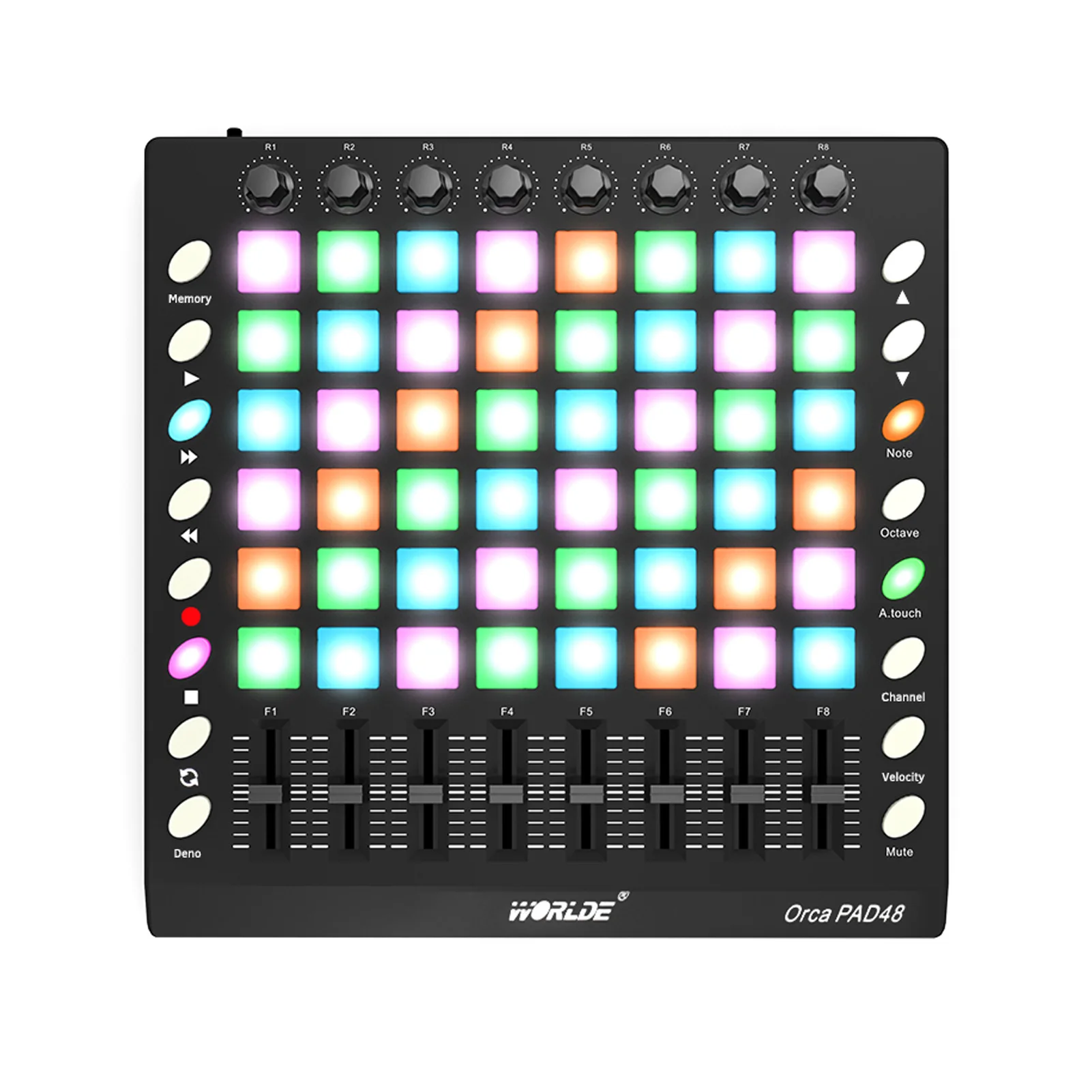 WORLDE PAD48 Portable USB MIDI Drum Pad Controller 48 RGB Backlit Pads 8 Knobs 16 Buttons 8 Sliders with USB Cable