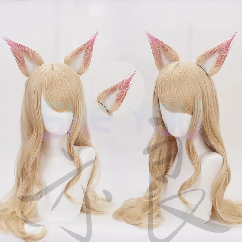 

Парик для косплея LOL KDA Ahri, длинные прямые блондинки, вьющиеся термостойкие парики из синтетических волос + два уши + шапочка для парика