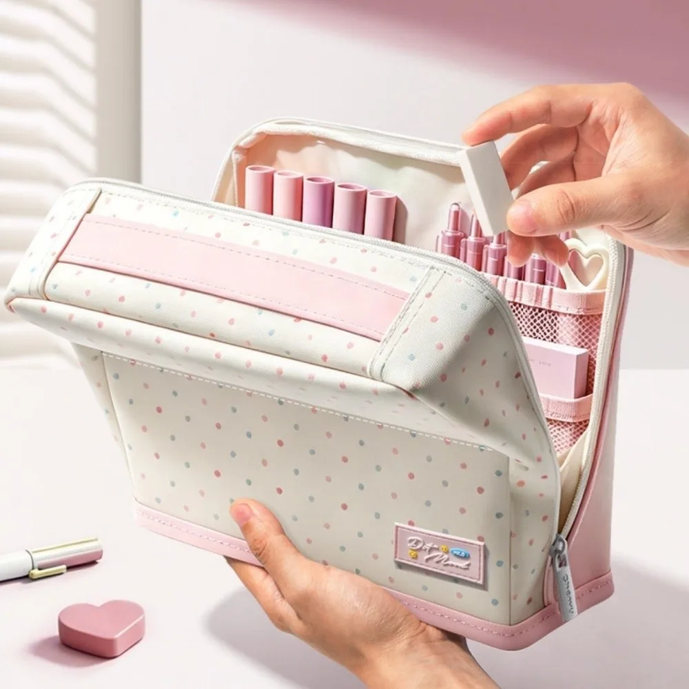 Large Capacity Magnetic Standing Pencil Case Multi-layer Portable Polka Dot Pen Bag Stable Hand-held Stationery Bag School