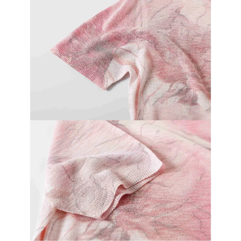 Pull tricoté à col rond pour femmes, manches courtes, bas solide, impression et teinture, haut décontracté