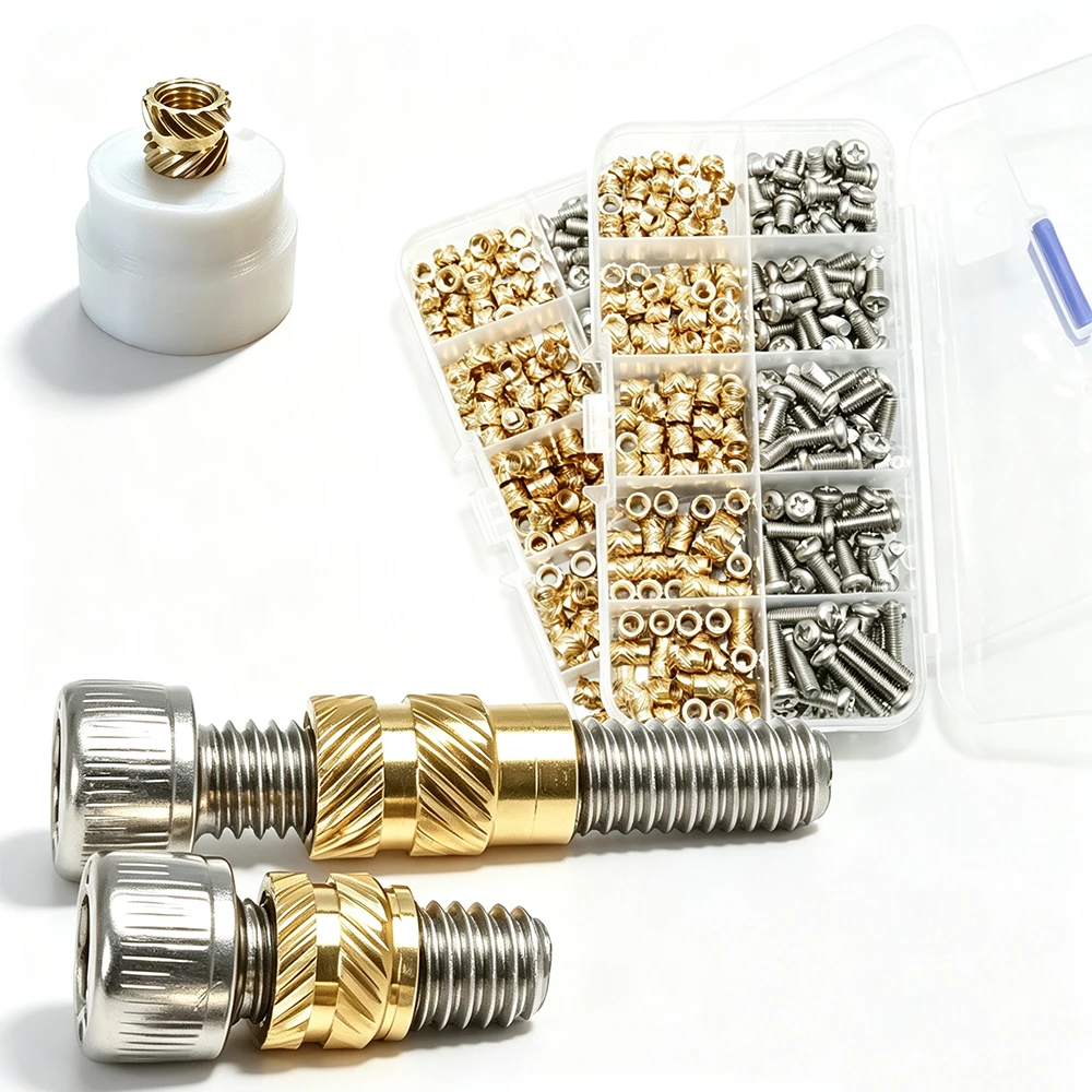 Wärmegehärtete Gewindeeinsätze mit Edelstahl-Maschinenschrauben-Set für 3D-Drucker, Kunststoff, Elektronik, DIY, Messing, metrische Rändelmutter