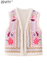 Zevity-Chaleco sin mangas con cuello en V para mujer, chaqueta con estampado de flores de felpa, Tops de costura abierta para oficina, CT5063, 2023