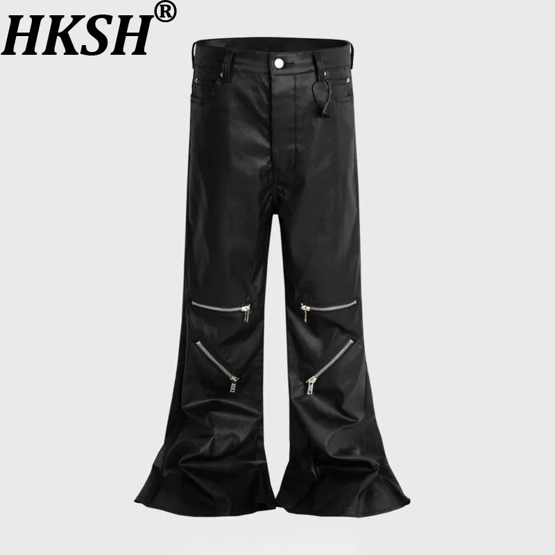 

HKSH Spring Autumn New Men Tide Dark Punk Knee Multi-Zipper Coated Flared Jeans Women Wide-Leg Slim Chic Ins Denim Pants HK18649